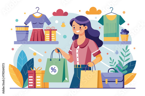 A woman stands in front of a display filled with various clothing items and bags, browsing the selection on sale, A woman shopping on a big sale day, Simple and minimalist flat Vector Illustration