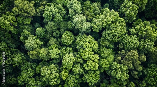Aerial top view of green trees in forest. Drone view of dense green tree captures CO2. Green tree nature background for carbon neutrality and net zero emissions concept. photo
