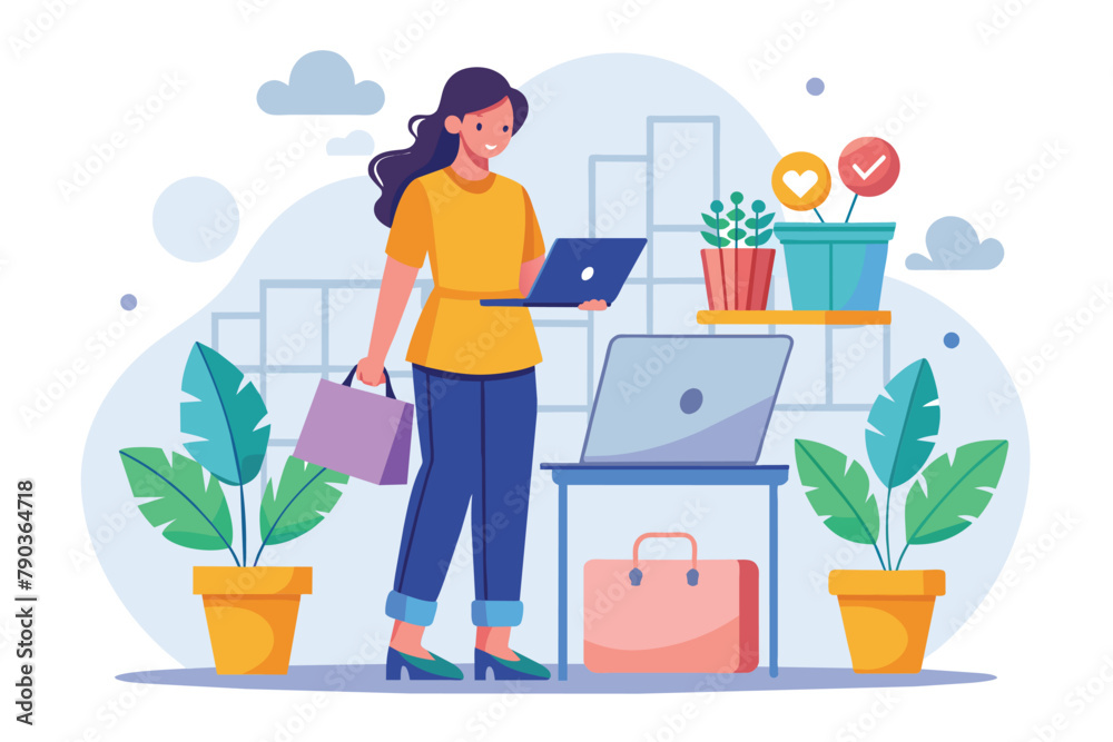 A woman standing in front of a laptop computer, browsing and shopping online, A woman standing using a laptop is shopping online, Simple and minimalist flat Vector Illustration A woman standing in front of a laptop computer, browsing and shopping online, A woman standing using a laptop is shopping online, Simple and minimalist flat Vector Illustration
