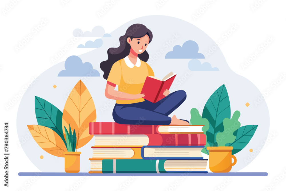 A woman sitting on a stack of books, studying intently, a woman studying on a pile of books, Simple and minimalist flat Vector Illustration A woman sitting on a stack of books, studying intently, a woman studying on a pile of books, Simple and minimalist flat Vector Illustration