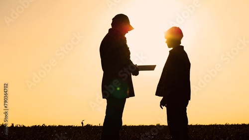Silhouette man and woman farmer agronomist talking at sunset sunrise corn field. Agricultural work colleagues discuss harvest cultivation research analyzing use tablet pc countryside agribusiness