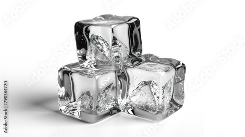 Closeup three ice cubes transparent stack on white background. AI generated image