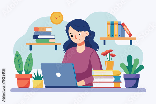 A woman sitting at a desk, studying with books and a laptop open in front of her, A woman studies using books and a laptop, Simple and minimalist flat Vector Illustration