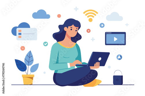 A woman sitting on the floor, typing on a laptop computer, A woman syncing data information, wireless syncing device, Simple and minimalist flat Vector Illustration