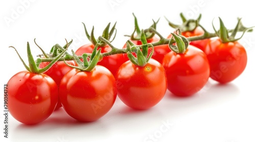 Group red ripe fresh cherry tomatoes on branch white background. AI generated image
