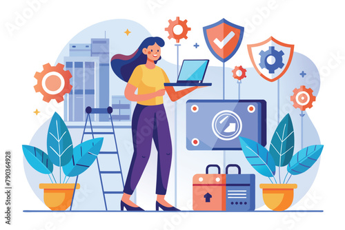 Female worker standing and working on laptop for security system maintenance, A woman working on maintenance for security system, concept of data protection