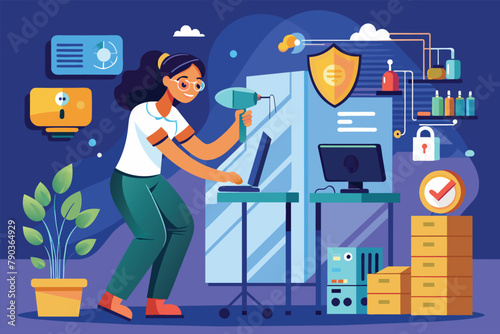 A woman is using a paint roller to apply paint to a wall in a room, A woman working on maintenance for security system, concept of data protection
