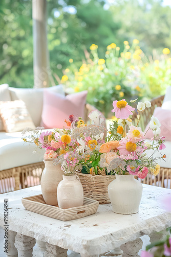 Beautiful summer flower bouquet on a terrace table in sunlight  boho style