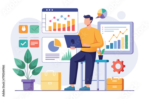 A man sits on a stool  focused on his laptop  analyzing business market improvement  A worker is analyzing business market improvement charts  Simple and minimalist flat Vector Illustration