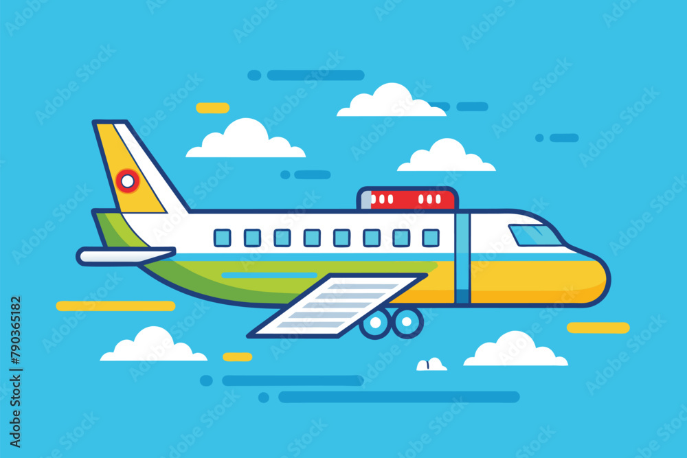 An airplane soaring through a cloudy sky, Airplane travel, Simple and minimalist flat Vector Illustration