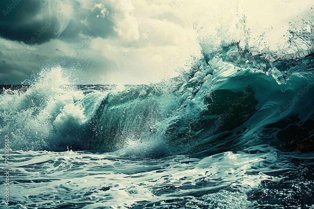 Powerful ocean wave crashing against the shore Powerful ocean wave crashing against the shore