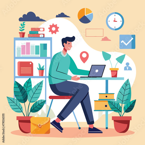 A man sitting at a desk working on a laptop, Activities in the office trending, Simple and minimalist flat Vector Illustration