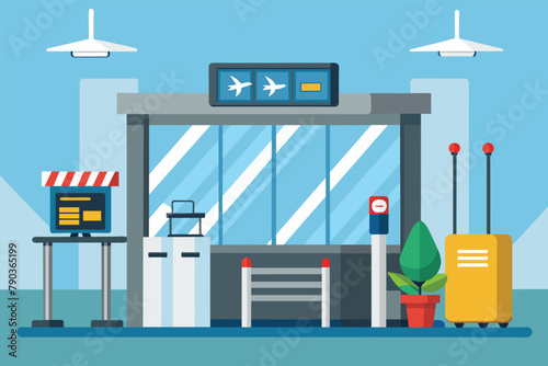 An airport terminal bustling with travelers, luggage, and luggage carts in motion, Airport security checkpoint airline, Simple and minimalist flat Vector Illustration
