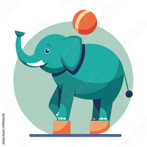 Elephant skillfully balancing a ball on its trunk, An elephant balancing on a ball with a look of concentration, Simple and minimalist flat Vector Illustration