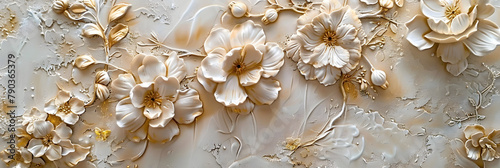 Light decorative texture of a plaster wall with voluminous decorative flowers and golden elements. © john
