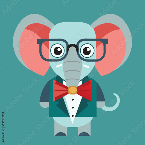 Elephant wearing glasses and bow tie while looking, An elephant wearing a bowtie and glasses, looking dapper, Simple and minimalist flat Vector Illustration