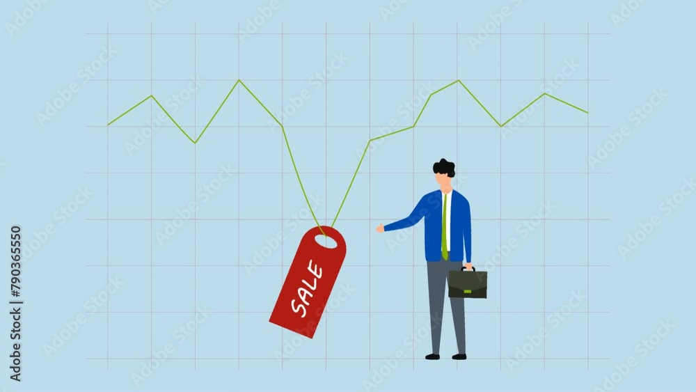Stock market is on sale, Animation of finance manager pointing at most reduced with deal sticker price on securities exchange diagram Stock market is on sale, Animation of finance manager pointing at most reduced with deal sticker price on securities exchange diagram