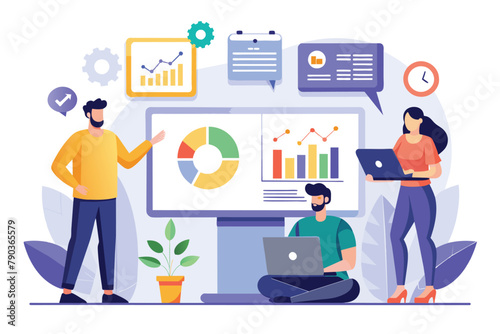 Business team analyzing data on big screen, teamwork concept, analysis and monitoring with business teams on monitoring report dashboards, Simple and minimalist flat Vector Illustration
