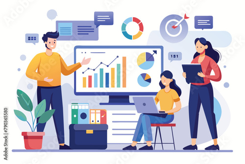 Business Team Analyzing Data on Computer Screen, analysis and monitoring with business teams on monitoring report dashboards, Simple and minimalist flat Vector Illustration