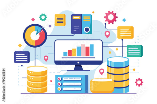A computer screen filled with various data points and information related to analysis and database management, analysis data and database management, Simple and minimalist flat Vector Illustration