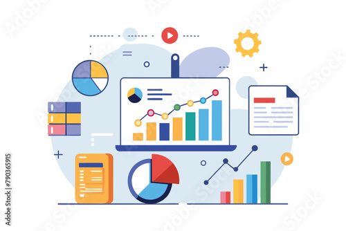 Computer screen displaying graphs and pie charts for business data analysis, Analyze business data, Simple and minimalist flat Vector Illustration
