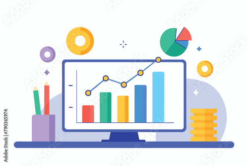 Computer screen showing a straightforward graph depicting the trending business profits, Analyze business profits trending, Simple and minimalist flat Vector Illustration