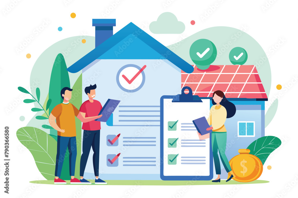 People Standing in Front of a House With a Checklist, Approval of a home purchase contract trending, Simple and minimalist flat Vector Illustration People Standing in Front of a House With a Checklist, Approval of a home purchase contract trending, Simple and minimalist flat Vector Illustration