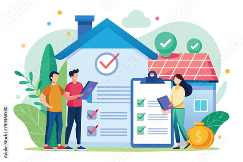People Standing in Front of a House With a Checklist, Approval of a home purchase contract trending, Simple and minimalist flat Vector Illustration