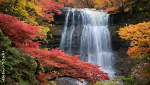 A cascading waterfall framed by vibrant autumn fol upscaled 4