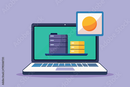 Laptop displaying file on top of it in a minimalist setting, backup data on laptop, Simple and minimalist flat Vector Illustration