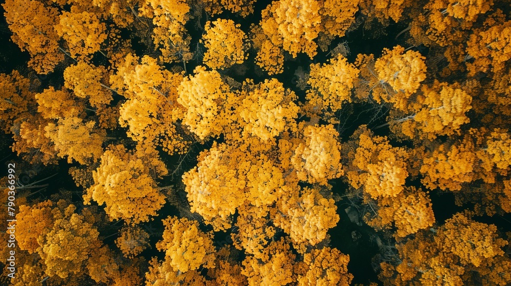Aerial top view of yellow trees in forest. Drone view of dense yellow tree captures CO2. Yellow tree nature background for carbon neutrality and net zero emissions concept. Aerial top view of yellow trees in forest. Drone view of dense yellow tree captures CO2. Yellow tree nature background for carbon neutrality and net zero emissions concept.