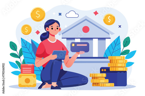 A woman sits in front of stacks of coins, holding a tablet in her hand, Bank worker sitting with coins and credit card trending, Simple and minimalist flat Vector Illustration