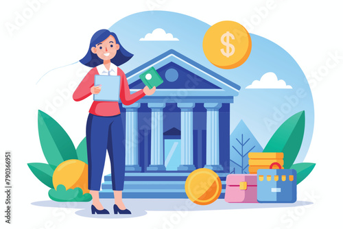 Woman Standing in Front of a Building With Money Coming Out, Bank worker with credit card and coins in front of bank building, Simple and minimalist flat Vector Illustration