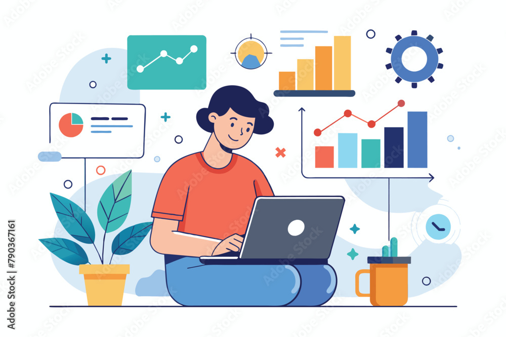 A person is seated on the floor, working on a laptop, Big project data analyst trending, Simple and minimalist flat Vector Illustration A person is seated on the floor, working on a laptop, Big project data analyst trending, Simple and minimalist flat Vector Illustration