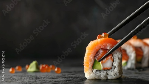 Sushi set with fresh ingredients - A delicious sushi setup with salmon, avocado, and fish roe on a dark, moody background, ideal for food themes