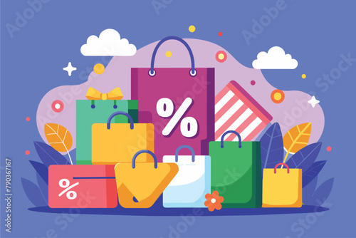 Multiple shopping bags stacked in a pile with a sale sign on top, symbolizing discounts and cashback offers, Big sales get discounts and cashback, Simple and minimalist flat Vector Illustration