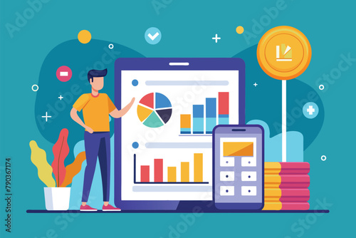 A man stands next to a tablet displaying a chart, analyzing data, bigdata analysis on mobile, Simple and minimalist flat Vector Illustration