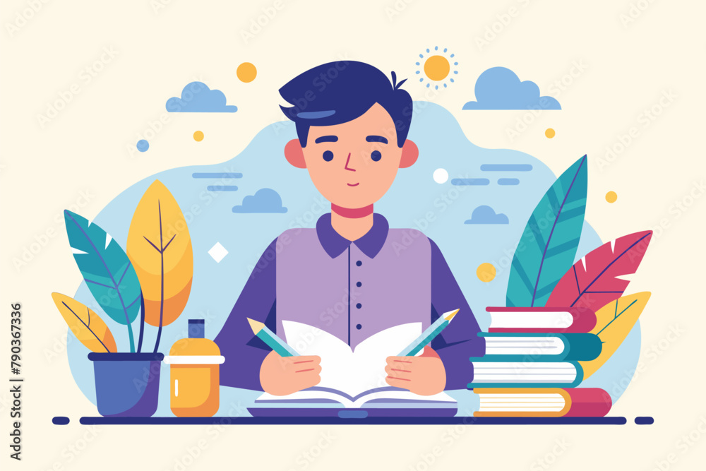 A man sits at a desk with a book and a pen, focused on writing, book writer, Simple and minimalist flat Vector Illustration A man sits at a desk with a book and a pen, focused on writing, book writer, Simple and minimalist flat Vector Illustration