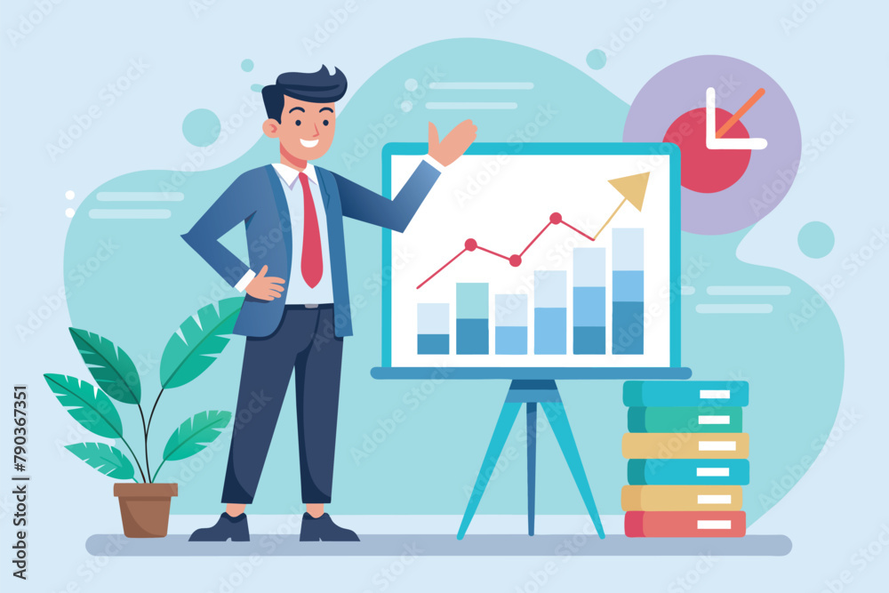 A man stands in front of a whiteboard displaying a chart, explaining it to viewers, boss shows success graph on board, Simple and minimalist flat Vector Illustration A man stands in front of a whiteboard displaying a chart, explaining it to viewers, boss shows success graph on board, Simple and minimalist flat Vector Illustration