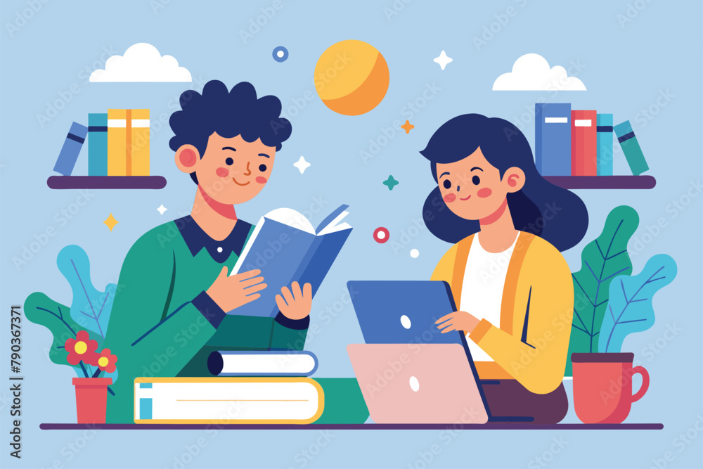 A man and woman sitting side by side, reading a book together, both students are studying, Simple and minimalist flat Vector Illustration