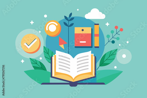 An open book rests on a lush green field under the clear sky, showcasing a simple and peaceful scene, Book reading literacy concept vector, Simple and minimalist flat Vector Illustration