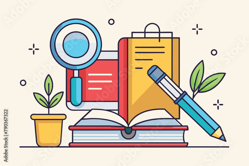 A magnifying glass resting on a book, emphasizing exploration and research, Book with ballpoint pen and magnifying glass, Simple and minimalist flat Vector Illustration