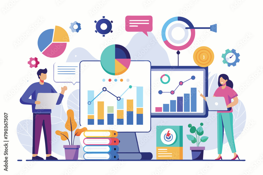 A man and a woman stand in front of a computer screen, analyzing business data and statistics, Business analysis concept, infographic, statistics, Simple and minimalist flat Vector Illustration A man and a woman stand in front of a computer screen, analyzing business data and statistics, Business analysis concept, infographic, statistics, Simple and minimalist flat Vector Illustration