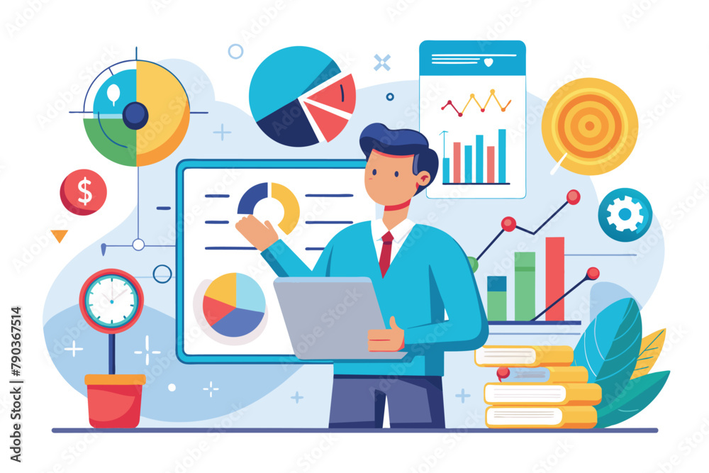 Man Standing in Front of Big Screen, Business analysis concept, infographic, statistics, Simple and minimalist flat Vector Illustration Man Standing in Front of Big Screen, Business analysis concept, infographic, statistics, Simple and minimalist flat Vector Illustration
