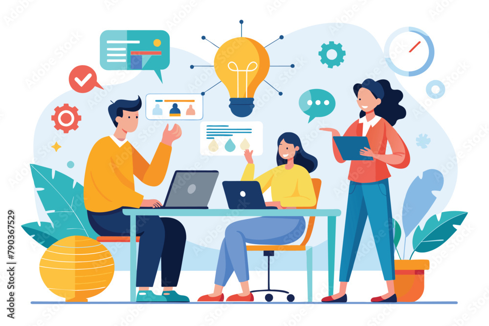 Group of people sitting around a table, focusing on their laptops, engaged in business activities, Business brainstorming, Simple and minimalist flat Vector Illustration
