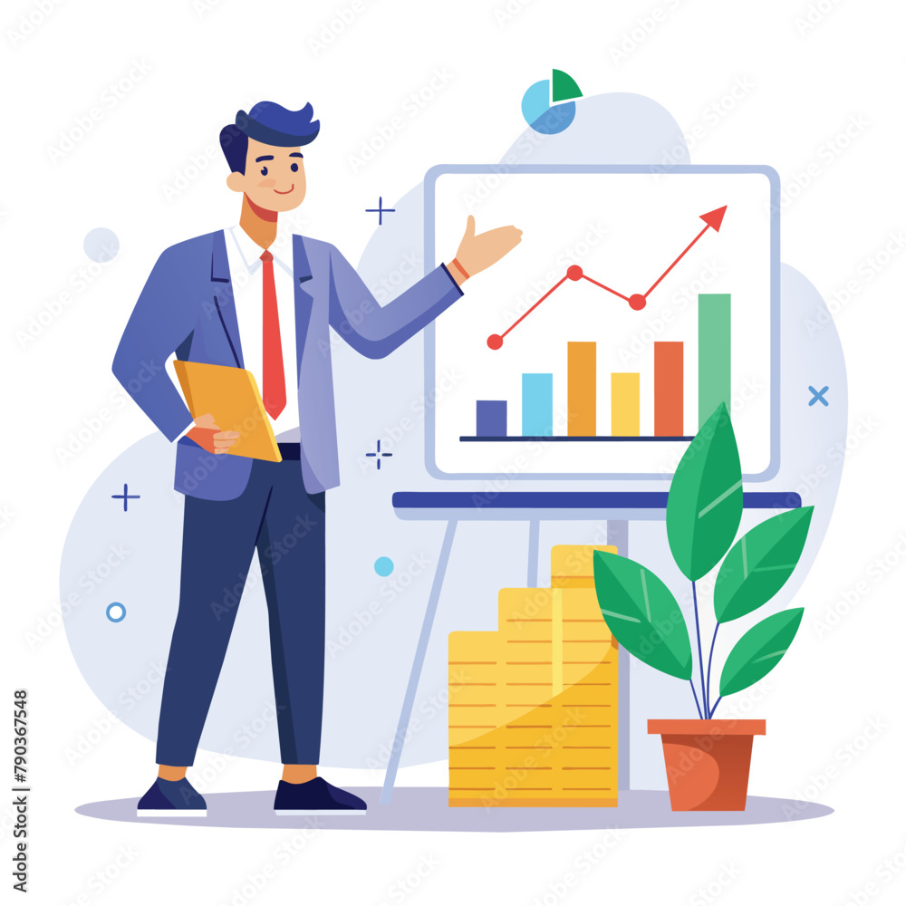 Business Coach Presenting Statistical Growth Chart on Whiteboard, Business coach shows statistical growth graph, business analytics and management, Simple and minimalist flat Vector Illustration Business Coach Presenting Statistical Growth Chart on Whiteboard, Business coach shows statistical growth graph, business analytics and management, Simple and minimalist flat Vector Illustration