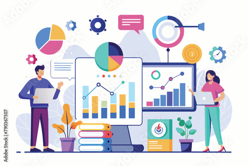 A man and a woman stand in front of a computer screen, analyzing business data and statistics, Business analysis concept, infographic, statistics, Simple and minimalist flat Vector Illustration