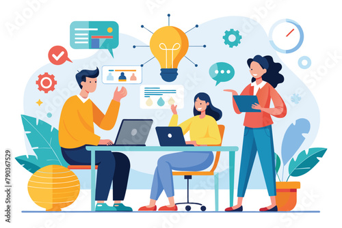 Group of people sitting around a table, focusing on their laptops, engaged in business activities, Business brainstorming, Simple and minimalist flat Vector Illustration