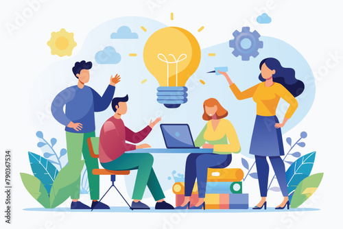 Group of people engaging in business brainstorming session around a table, focused on a laptop screen, Business brainstorming, teamwork, Simple and minimalist flat Vector Illustration