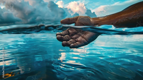 Hand submerged in water splitting the surface - A powerful close-up of a hand half-submerged, creating ripples, symbolizing themes of survival and nature